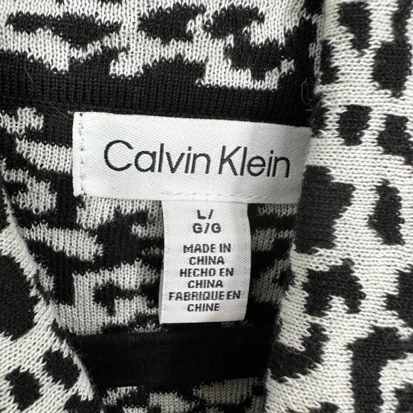 3/$25 Calvin Klein Snow Leopard Print Long Sweater L Cowl Neck Tunic Black White - Picture 3 of 8